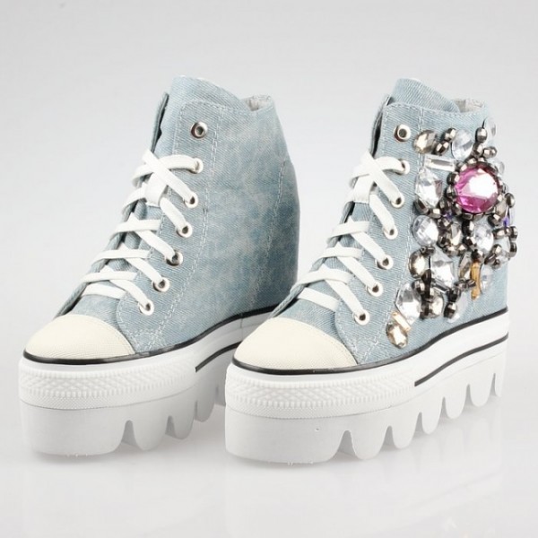 Women Beaded Denim 5Inches/13CM Height Increasing Casual Elevator Shoes