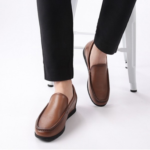 2.2Inch / 5.5cm Brown Elevator Loafers Soft Cowhide Slip On Driving Shoes