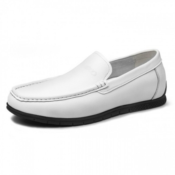 2.2Inch / 5.5cm White Height Increasing Loafers Soft Cowhide Slip On Driving Shoes